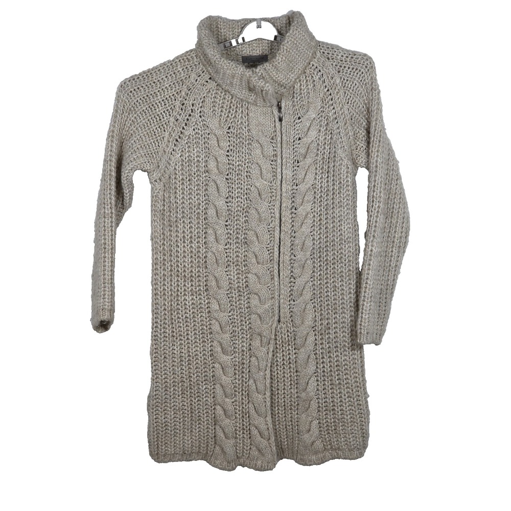 Elsamanda Women Large Cardigan Wool Alpaca Zip Cable Knit Sweater Beige Cozy - Picture 1 of 11